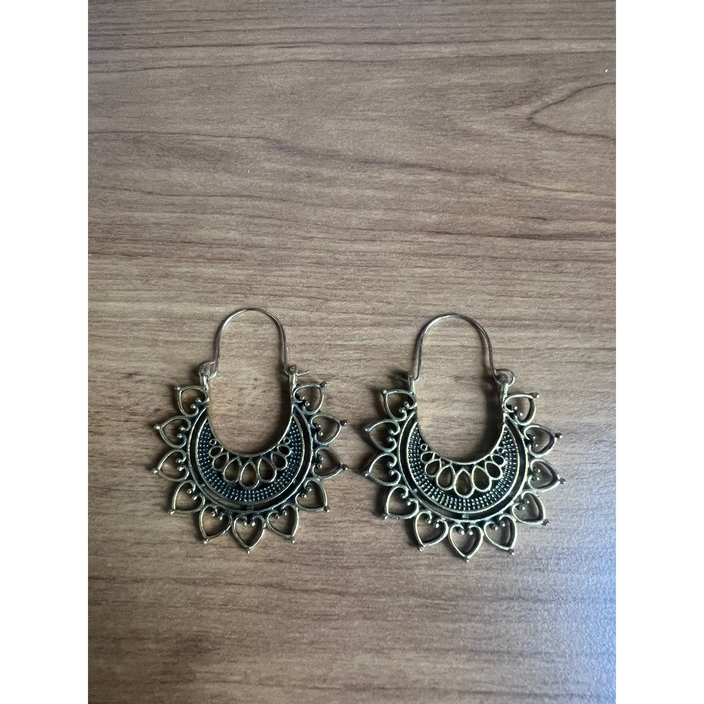 Vintage Antique Brass Boho Mandala Heart Cutout Hoop Earrings Dangle Style Boho